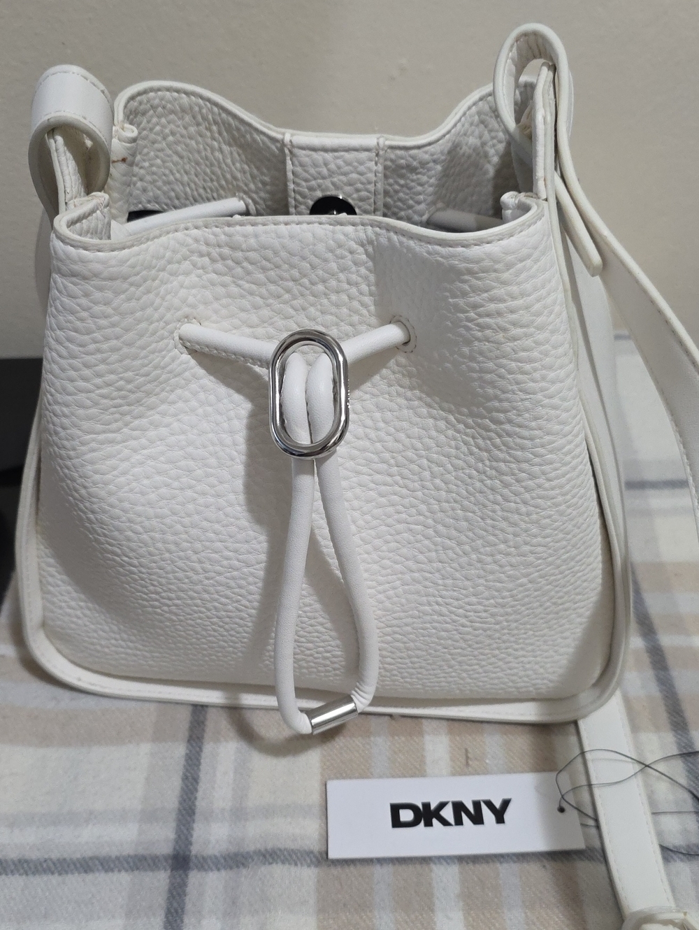 DKNY White Pebbled Leather Drawstring Crossbody Bag